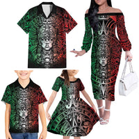 Mexico Aztec Warrior Goddess Family Matching Off The Shoulder Long Sleeve Dress and Hawaiian Shirt Aztec Skull Tribal Calender Tricolor Spirit