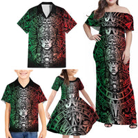Mexico Aztec Warrior Goddess Family Matching Off Shoulder Maxi Dress and Hawaiian Shirt Aztec Skull Tribal Calender Tricolor Spirit