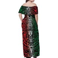 Mexico Aztec Warrior Goddess Family Matching Off Shoulder Maxi Dress and Hawaiian Shirt Aztec Skull Tribal Calender Tricolor Spirit