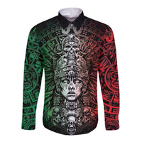 Mexico Aztec Warrior Goddess Long Sleeve Button Shirt Aztec Skull Tribal Calender Tricolor Spirit - Wonder Print Shop
