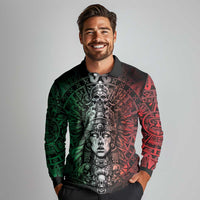 Mexico Aztec Warrior Goddess Long Sleeve Polo Shirt Aztec Skull Tribal Calender Tricolor Spirit - Wonder Print Shop