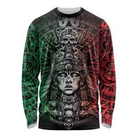 Mexico Aztec Warrior Goddess Long Sleeve Shirt Aztec Skull Tribal Calender Tricolor Spirit - Wonder Print Shop