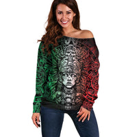 Mexico Aztec Warrior Goddess Off Shoulder Sweater Aztec Skull Tribal Calender Tricolor Spirit - Wonder Print Shop