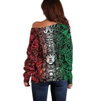 Mexico Aztec Warrior Goddess Off Shoulder Sweater Aztec Skull Tribal Calender Tricolor Spirit - Wonder Print Shop