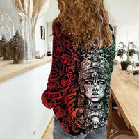 Mexico Aztec Warrior Goddess Women Casual Shirt Aztec Skull Tribal Calender Tricolor Spirit - Wonder Print Shop