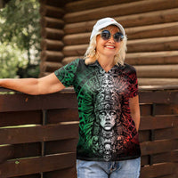 Mexico Aztec Warrior Goddess Women Polo Shirt Aztec Skull Tribal Calender Tricolor Spirit - Wonder Print Shop