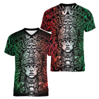Mexico Aztec Warrior Goddess Women V-Neck T-Shirt Aztec Skull Tribal Calender Tricolor Spirit - Wonder Print Shop