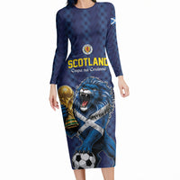 Custom World Football 2026 Scotland Long Sleeve Bodycon Dress Scottish Tartan Cupa na Cruinne Glory