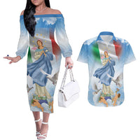 Italy Assumption Of Mary Couples Matching Off The Shoulder Long Sleeve Dress and Hawaiian Shirt Blessed Virgin Mary Angel And Dove LT19