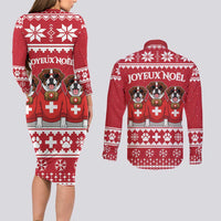 Saint Bernard Dog Switzerland Christmas Couples Matching Long Sleeve Bodycon Dress and Long Sleeve Button Shirt - Wonder Print Shop