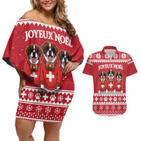 Saint Bernard Dog Switzerland Christmas Couples Matching Off Shoulder Short Dress and Hawaiian Shirt - Wonder Print Shop