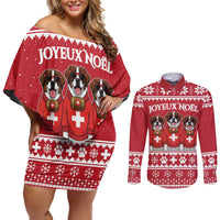 Saint Bernard Dog Switzerland Christmas Couples Matching Off Shoulder Short Dress and Long Sleeve Button Shirt - Wonder Print Shop