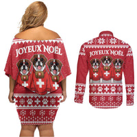 Saint Bernard Dog Switzerland Christmas Couples Matching Off Shoulder Short Dress and Long Sleeve Button Shirt - Wonder Print Shop