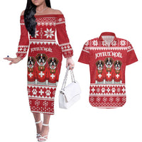 Saint Bernard Dog Switzerland Christmas Couples Matching Off The Shoulder Long Sleeve Dress and Hawaiian Shirt - Wonder Print Shop