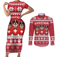 Saint Bernard Dog Switzerland Christmas Couples Matching Short Sleeve Bodycon Dress and Long Sleeve Button Shirt - Wonder Print Shop