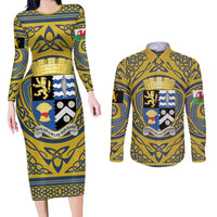 Personalized Cardiganshire Wales Couples Matching Long Sleeve Bodycon Dress and Long Sleeve Button Shirt Ceredigion Coat of Arms Celtic Design - Wonder Print Shop