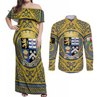 Personalized Cardiganshire Wales Couples Matching Off Shoulder Maxi Dress and Long Sleeve Button Shirt Ceredigion Coat of Arms Celtic Design - Wonder Print Shop