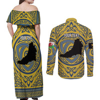 Personalized Cardiganshire Wales Couples Matching Off Shoulder Maxi Dress and Long Sleeve Button Shirt Ceredigion Coat of Arms Celtic Design - Wonder Print Shop