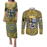 Personalized Cardiganshire Wales Couples Matching Puletasi and Long Sleeve Button Shirt Ceredigion Coat of Arms Celtic Design - Wonder Print Shop