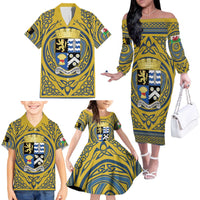 Personalized Cardiganshire Wales Family Matching Off The Shoulder Long Sleeve Dress and Hawaiian Shirt Ceredigion Coat of Arms Celtic Design - Wonder Print Shop