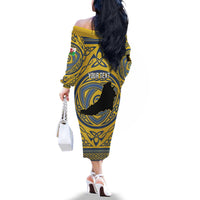 Personalized Cardiganshire Wales Family Matching Off The Shoulder Long Sleeve Dress and Hawaiian Shirt Ceredigion Coat of Arms Celtic Design - Wonder Print Shop