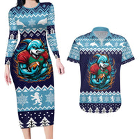 Cardiganshire Wales Christmas Couples Matching Long Sleeve Bodycon Dress and Hawaiian Shirt Cardigan Bay Dolphin Rugby Design - Wonder Print Shop