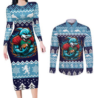 Cardiganshire Wales Christmas Couples Matching Long Sleeve Bodycon Dress and Long Sleeve Button Shirt Cardigan Bay Dolphin Rugby Design - Wonder Print Shop