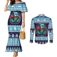 Cardiganshire Wales Christmas Couples Matching Mermaid Dress and Long Sleeve Button Shirt Cardigan Bay Dolphin Rugby Design - Wonder Print Shop