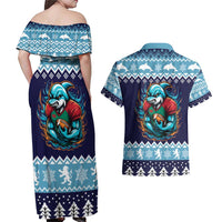 Cardiganshire Wales Christmas Couples Matching Off Shoulder Maxi Dress and Hawaiian Shirt Cardigan Bay Dolphin Rugby Design - Wonder Print Shop