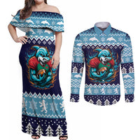 Cardiganshire Wales Christmas Couples Matching Off Shoulder Maxi Dress and Long Sleeve Button Shirt Cardigan Bay Dolphin Rugby Design - Wonder Print Shop