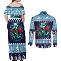 Cardiganshire Wales Christmas Couples Matching Off Shoulder Maxi Dress and Long Sleeve Button Shirt Cardigan Bay Dolphin Rugby Design - Wonder Print Shop