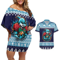 Cardiganshire Wales Christmas Couples Matching Off Shoulder Short Dress and Hawaiian Shirt Cardigan Bay Dolphin Rugby Design - Wonder Print Shop