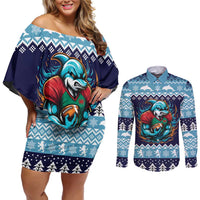 Cardiganshire Wales Christmas Couples Matching Off Shoulder Short Dress and Long Sleeve Button Shirt Cardigan Bay Dolphin Rugby Design - Wonder Print Shop