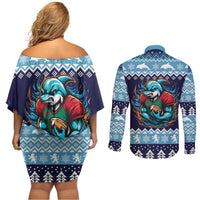Cardiganshire Wales Christmas Couples Matching Off Shoulder Short Dress and Long Sleeve Button Shirt Cardigan Bay Dolphin Rugby Design - Wonder Print Shop