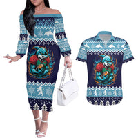 Cardiganshire Wales Christmas Couples Matching Off The Shoulder Long Sleeve Dress and Hawaiian Shirt Cardigan Bay Dolphin Rugby Design - Wonder Print Shop