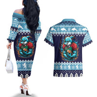 Cardiganshire Wales Christmas Couples Matching Off The Shoulder Long Sleeve Dress and Hawaiian Shirt Cardigan Bay Dolphin Rugby Design - Wonder Print Shop
