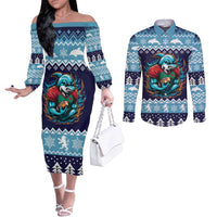Cardiganshire Wales Christmas Couples Matching Off The Shoulder Long Sleeve Dress and Long Sleeve Button Shirt Cardigan Bay Dolphin Rugby Design - Wonder Print Shop