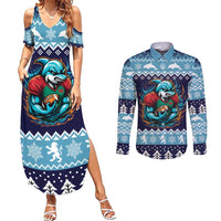 Cardiganshire Wales Christmas Couples Matching Summer Maxi Dress and Long Sleeve Button Shirt Cardigan Bay Dolphin Rugby Design - Wonder Print Shop
