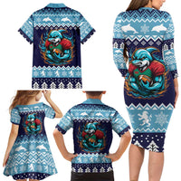 Cardiganshire Wales Christmas Family Matching Long Sleeve Bodycon Dress and Hawaiian Shirt Cardigan Bay Dolphin Rugby Design - Wonder Print Shop