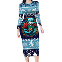 Cardiganshire Wales Christmas Family Matching Long Sleeve Bodycon Dress and Hawaiian Shirt Cardigan Bay Dolphin Rugby Design - Wonder Print Shop