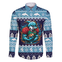 Cardiganshire Wales Christmas Family Matching Off The Shoulder Long Sleeve Dress and Hawaiian Shirt Cardigan Bay Dolphin Rugby Design - Wonder Print Shop