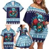 Cardiganshire Wales Christmas Family Matching Off Shoulder Short Dress and Hawaiian Shirt Cardigan Bay Dolphin Rugby Design - Wonder Print Shop