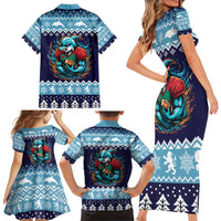 Cardiganshire Wales Christmas Family Matching Short Sleeve Bodycon Dress and Hawaiian Shirt Cardigan Bay Dolphin Rugby Design - Wonder Print Shop