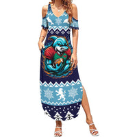 Cardiganshire Wales Christmas Family Matching Summer Maxi Dress and Hawaiian Shirt Cardigan Bay Dolphin Rugby Design - Wonder Print Shop