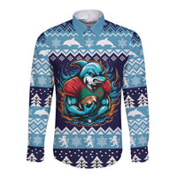 Cardiganshire Wales Christmas Long Sleeve Button Shirt Cardigan Bay Dolphin Rugby Design - Wonder Print Shop