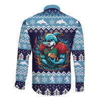 Cardiganshire Wales Christmas Long Sleeve Button Shirt Cardigan Bay Dolphin Rugby Design - Wonder Print Shop