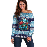Cardiganshire Wales Christmas Off Shoulder Sweater Cardigan Bay Dolphin Rugby Design - Wonder Print Shop