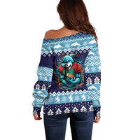 Cardiganshire Wales Christmas Off Shoulder Sweater Cardigan Bay Dolphin Rugby Design - Wonder Print Shop