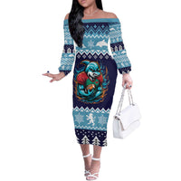 Cardiganshire Wales Christmas Off The Shoulder Long Sleeve Dress Cardigan Bay Dolphin Rugby Design - Wonder Print Shop