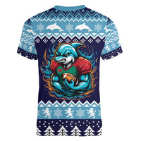 Cardiganshire Wales Christmas Women V-Neck T-Shirt Cardigan Bay Dolphin Rugby Design - Wonder Print Shop